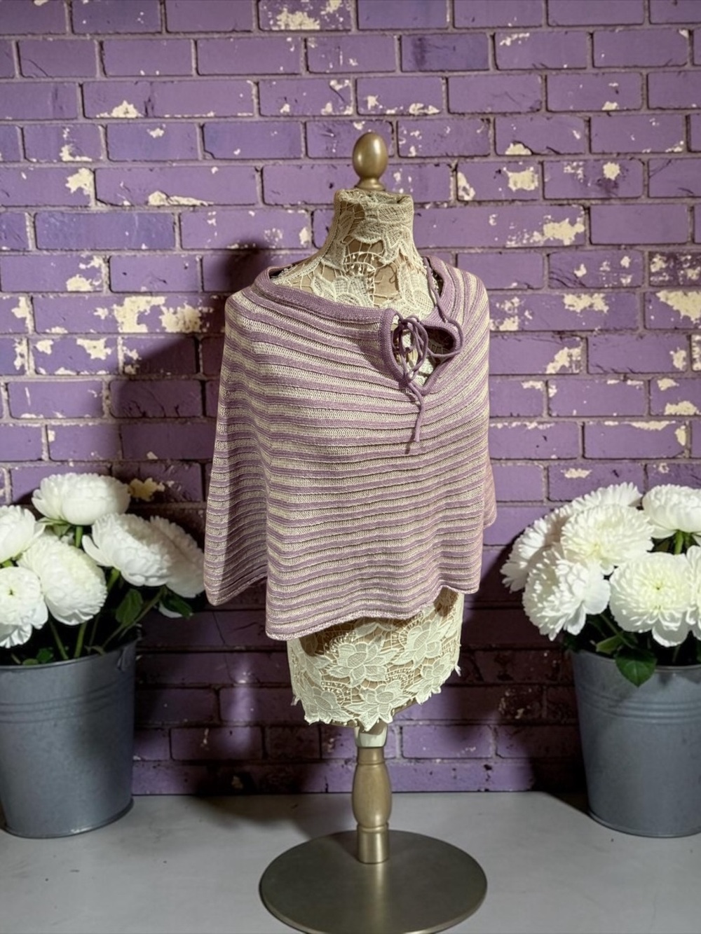 Striped Mauve Knit Poncho with Tie Neck or skirt